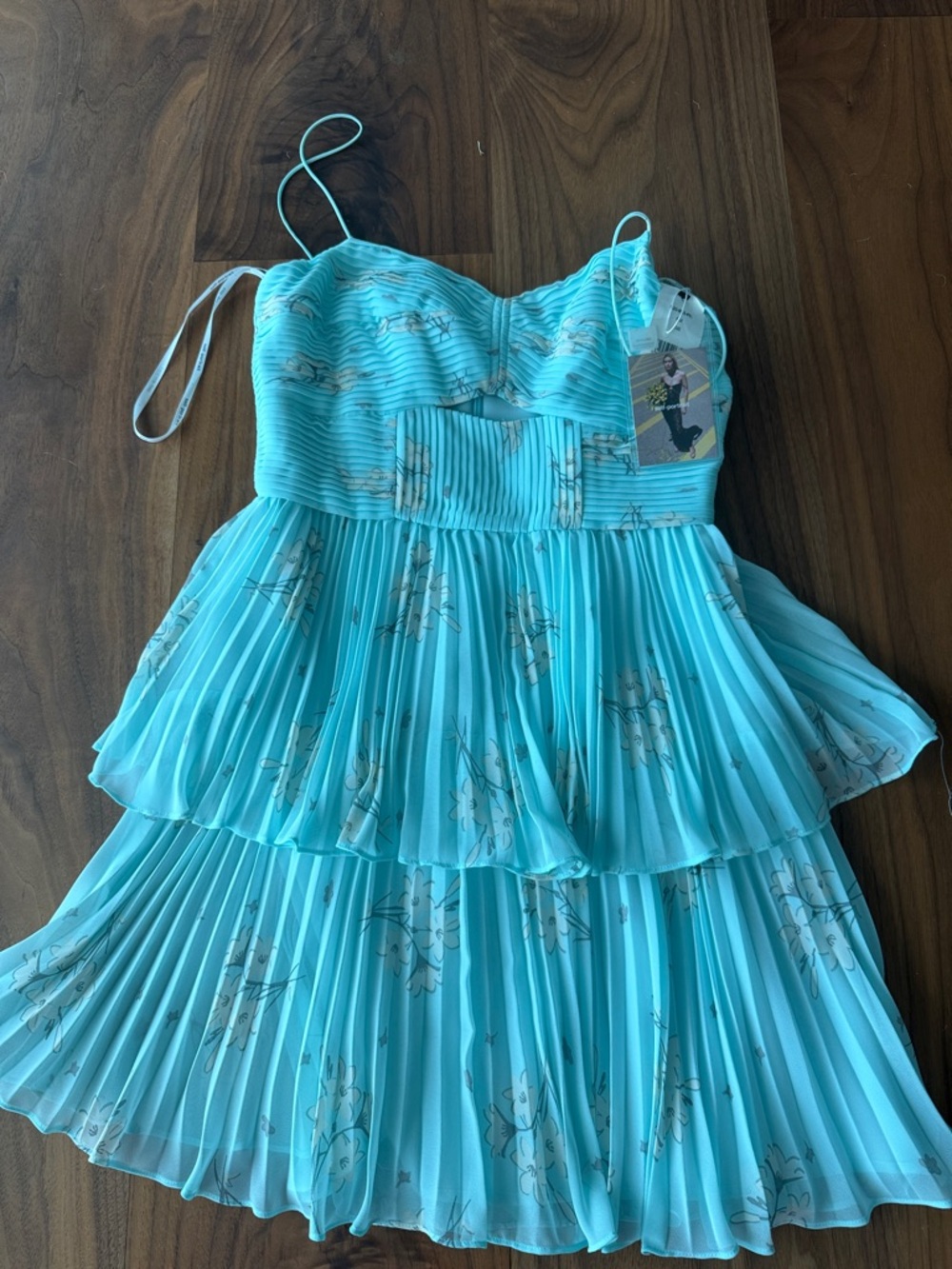 Self-Portrait Aqua Pleated Tiered Spaghetti Strap Dress